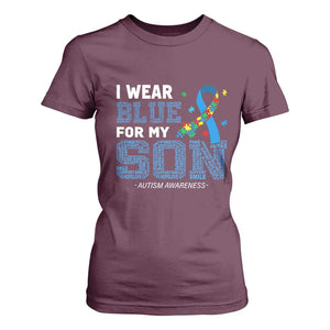 Autism Parents T Shirt For Women I Wear Blue For My Son Family Support Puzzle Blue Ribbon TS01 Maroon Printyourwear