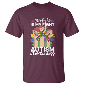 Autism Support T Shirt Her Fight is My Fight Together Puzzle Ribbon Raised Fists TS01 Maroon Printyourwear