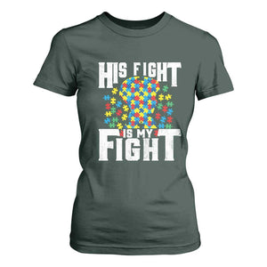 Autism Support T Shirt For Women His Fight is My Fight Jig Saw Puzzle Boy TS01 Dark Forest Green Printyourwear