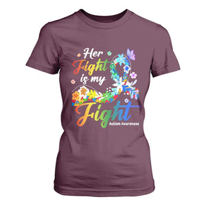 Autism Support T Shirt For Women Her Fight Is My Fight Floral Rainbow Ribbon TS01 Maroon Printyourwear