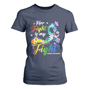 Autism Support T Shirt For Women Her Fight Is My Fight Floral Rainbow Ribbon TS01 Navy Printyourwear