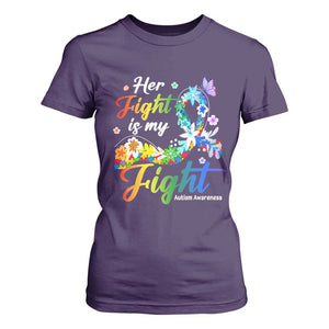 Autism Support T Shirt For Women Her Fight Is My Fight Floral Rainbow Ribbon TS01 Purple Printyourwear