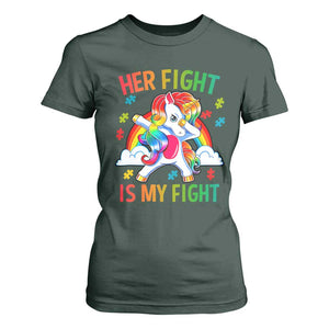 Autism Support T Shirt For Women Her Fight Is My Fight Cute Dabbing Unicorn Rainbow TS01 Dark Forest Green Printyourwear
