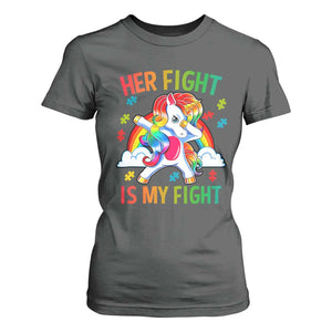 Autism Support T Shirt For Women Her Fight Is My Fight Cute Dabbing Unicorn Rainbow TS01 Dark Heather Printyourwear