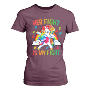Autism Support T Shirt For Women Her Fight Is My Fight Cute Dabbing Unicorn Rainbow TS01 Maroon Printyourwear