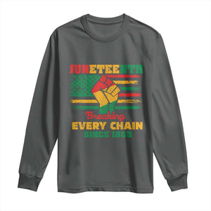 Juneteenth Long Sleeve Shirt Breaking Every Chain Since 1865 American Flag TS01 Dark Heather Print Your Wear