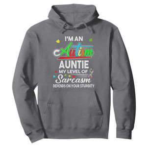 Autism Aunt Hoodie I'm An Autism Auntie My Level Of Sarcams Depends On Your Stupidity Spectrum Ribbon TS01 Charcoal Printyourwear