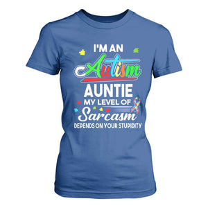 Autism Aunt T Shirt For Women I'm An Autism Auntie My Level Of Sarcams Depends On Your Stupidity Spectrum Ribbon TS01 Royal Blue Printyourwear