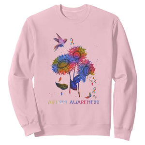 Autism Awareness Sweatshirt Colorful Sunflower With Bird Spectrum Ribbon TS01 Light Pink Printyourwear