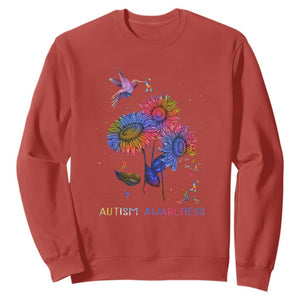 Autism Awareness Sweatshirt Colorful Sunflower With Bird Spectrum Ribbon TS01 Red Printyourwear