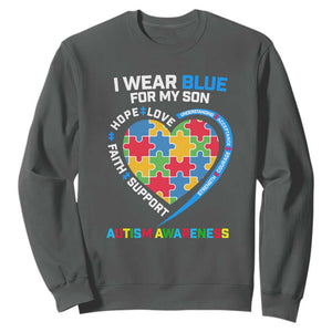 Autism Parents Sweatshirt I Wear Blue For My Son, Understanding Acceptance Courage Strength, Puzzle Heart TS01 Dark Heather Printyourwear