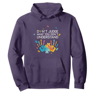 Autism Awareness Hoodie Don't Judge What You Don't Understand Puzzle Hand TS01 Purple Printyourwear