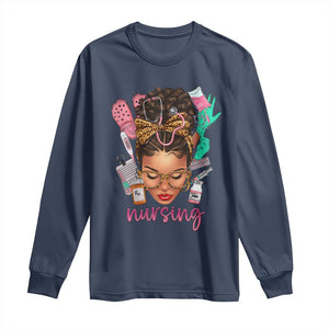 African American Nurse Long Sleeve Shirt Nursing Black Messy Bun TS01 Navy Print Your Wear