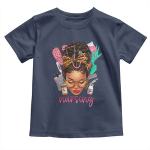 African American Nurse Toddler T Shirt Nursing Black Messy Bun TS01 Navy Print Your Wear