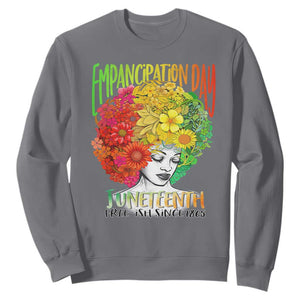 Freeish Juneteenth Sweatshirt Black Women with Flowers in Her Hair Freedom Day African American June 19th 1865 TS01 Charcoal Printyourwear