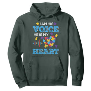 Autism Parents Hoodie I Am His Voice He Is My Heart Puzzle Heart TS01 Dark Forest Green Printyourwear