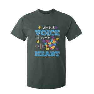 Autism Parents T Shirt For Kid I Am His Voice He Is My Heart Puzzle Heart TS01 Dark Forest Green Printyourwear