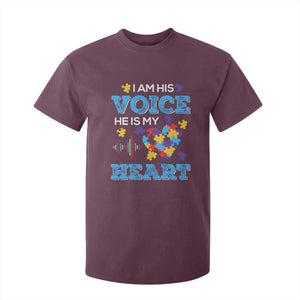 Autism Parents T Shirt For Kid I Am His Voice He Is My Heart Puzzle Heart TS01 Maroon Printyourwear