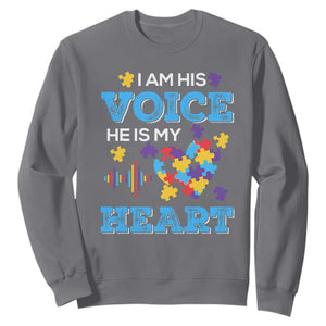 Autism Parents Sweatshirt I Am His Voice He Is My Heart Puzzle Heart TS01 Charcoal Printyourwear