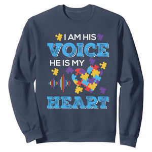 Autism Parents Sweatshirt I Am His Voice He Is My Heart Puzzle Heart TS01 Navy Printyourwear
