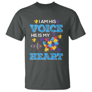 Autism Parents T Shirt I Am His Voice He Is My Heart Puzzle Heart TS01 Dark Heather Printyourwear