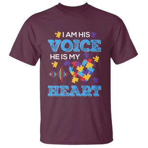 Autism Parents T Shirt I Am His Voice He Is My Heart Puzzle Heart TS01 Maroon Printyourwear