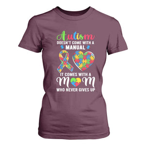 Autism Mom T Shirt For Women It Doesn't Come With A Manual It Comes With A Mother Who Never Gives Up Puzzle Heart TS01 Maroon Printyourwear