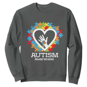 Autism Support Sweatshirt Jigsaw Puzzle Hand In Hand TS01 Dark Heather Printyourwear