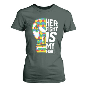 Autism Support T Shirt For Women Her Fight is My Fight Warriors Jigsaw Puzzle Boxing Glove TS01 Dark Forest Green Printyourwear