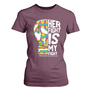 Autism Support T Shirt For Women Her Fight is My Fight Warriors Jigsaw Puzzle Boxing Glove TS01 Maroon Printyourwear