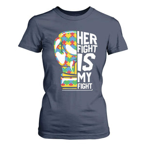 Autism Support T Shirt For Women Her Fight is My Fight Warriors Jigsaw Puzzle Boxing Glove TS01 Navy Printyourwear