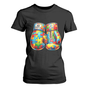 Autism Support T Shirt For Women Her Fight is My Fight Jigsaw Puzzle Boxing Gloves TS01 Black Printyourwear