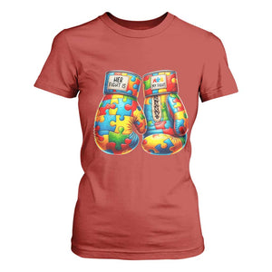 Autism Support T Shirt For Women Her Fight is My Fight Jigsaw Puzzle Boxing Gloves TS01 Red Printyourwear