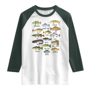 Freshwater Fish Species Raglan Shirt Funny Fishing Types Fisherman Dad TS02 White Dark Forest Green Print Your Wear