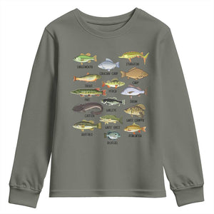 Freshwater Fish Species Youth Sweatshirt Funny Fishing Types Fisherman Dad TS02 Military Green Print Your Wear
