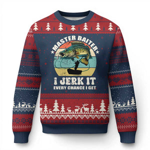 Funny Fishing Master-Baiter Ugly Christmas Sweater Kayak Fishing Dad Grandpa Bass Fish Adult Humor TS02 Navy Red Print Your Wear