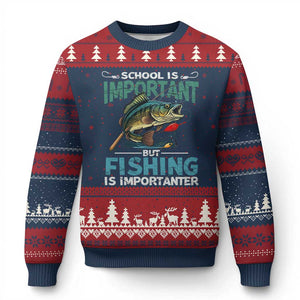 Funny Fishing Ugly Christmas Sweater School Is Important But Fishing Is Importanter Bass Fisherman TS02 Navy Red Print Your Wear