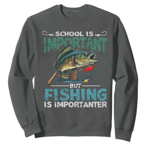 Funny Fishing Sweatshirt School Is Important But Fishing Is Importanter Bass Fisherman TS02 Dark Heather Print Your Wear