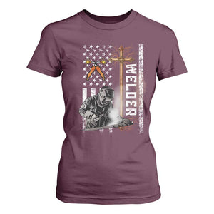 American Welder T Shirt For Women Welding USA Flag Christian Cross TS02 Maroon Print Your Wear