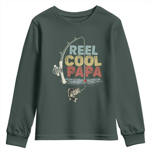 Fishing Dad Youth Sweatshirt Reel Cool Papa Retro Vintage TS02 Dark Forest Green Print Your Wear