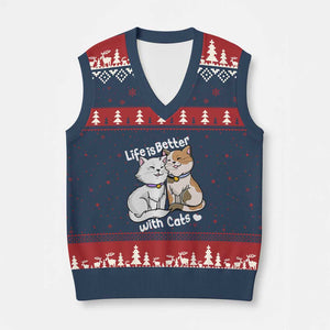 Cat Lover V-Neck Knit Sweater Vest Life Is Better With Cats Cute TS02 Navy Red Print Your Wear