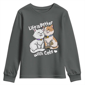 Cat Lover Youth Sweatshirt Life Is Better With Cats Cute TS02 Dark Heather Print Your Wear
