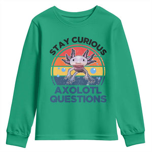 Funny Axolotl Pun Youth Sweatshirt I Stay Curious Axolotl Question Retro TS02 Irish Green Print Your Wear