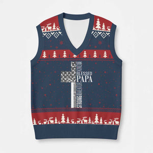 Blessed Papa Christian Cross V-Neck Knit Sweater Vest Faithful Dad Religious American Flag TS02 Navy Red Print Your Wear