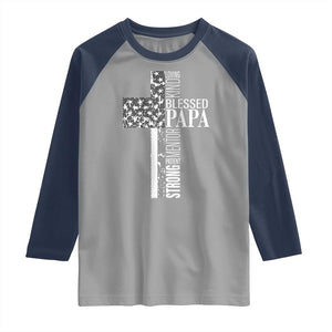 Blessed Papa Christian Cross Raglan Shirt Faithful Dad Religious American Flag TS02 Sport Gray Navy Print Your Wear