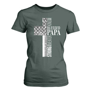 Blessed Papa Christian Cross T Shirt For Women Faithful Dad Religious American Flag TS02 Dark Forest Green Print Your Wear