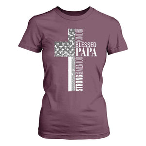 Blessed Papa Christian Cross T Shirt For Women Faithful Dad Religious American Flag TS02 Maroon Print Your Wear