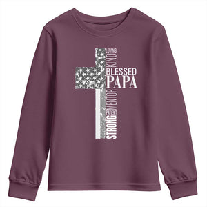 Blessed Papa Christian Cross Youth Sweatshirt Faithful Dad Religious American Flag TS02 Maroon Print Your Wear