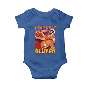 Funny Gluten Intolerance Baby Onesie I Can't Eat Gluten It Makes My Tummy Hurt Skeleton Meme TS02 Royal Blue Print Your Wear