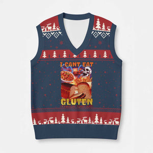 Funny Gluten Intolerance V-Neck Knit Sweater Vest I Can't Eat Gluten It Makes My Tummy Hurt Skeleton Meme TS02 Navy Red Print Your Wear